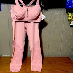 VS workout bra and leggings with pink animal print legs